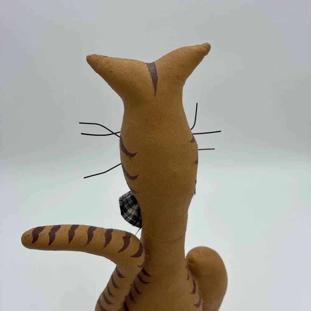 Primitive Folk Art Fabric Cat Figurine Rustic Farmhouse Decor Gingham Bow 14